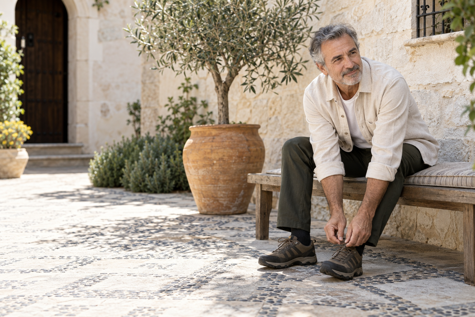 Hombre adulto preparándose para caminar en un patio luminoso